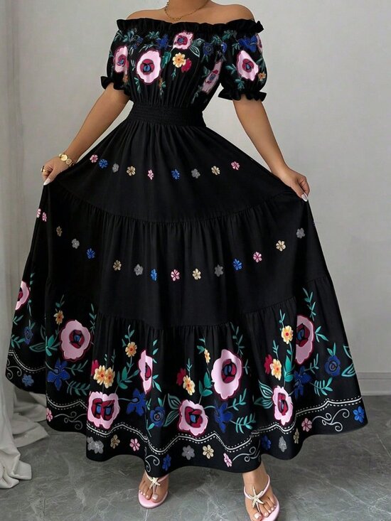 MODA ME COUTURE Dresses & Skirts - Black Boho Off Shoulder Petal Sleeve Floral Print Waist Flared Women's Dress